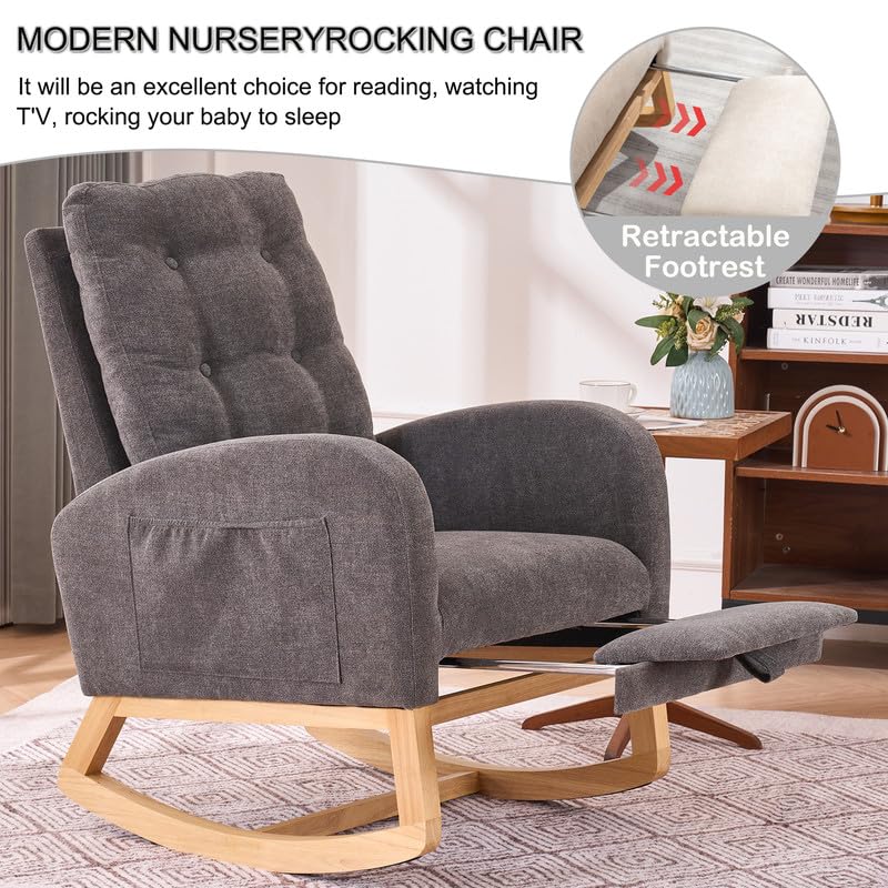 Image of Rocking Chair with Foot Rest, Nursery Rocking Chairs with Rubber Wood Legs, High Back Pocket Modern Upholstered Glider Chair, Comfy Accent Rocker Armchair for Living Room Bedroom,Dark Grey