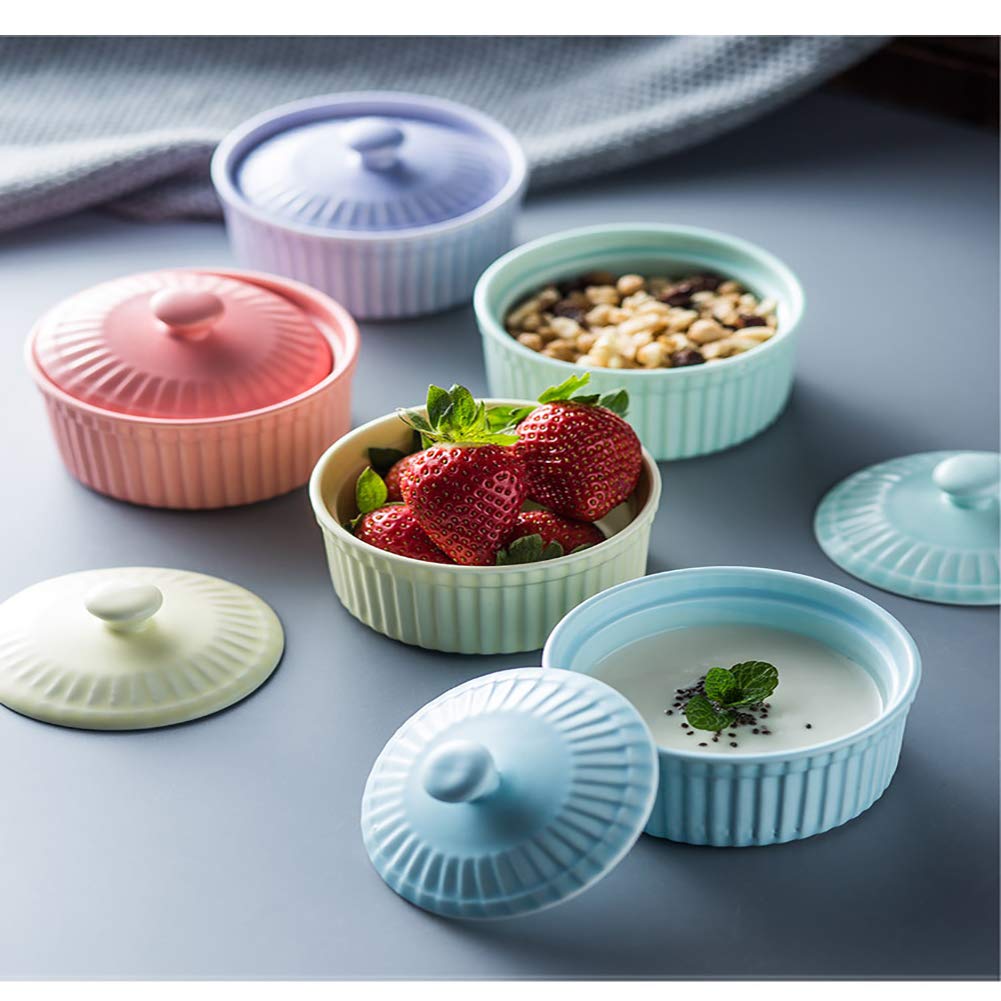5er Set Soufflé Förmchen Mit Deckel, Creme Brulee Schälchen Formen Aus Porzellan, Mini Ofenfeste Förmchen Pastetenförmchen Aus Keramik, Dessertschale Förmchen Für Muffins, Cupcakes, Dessert Und Obst