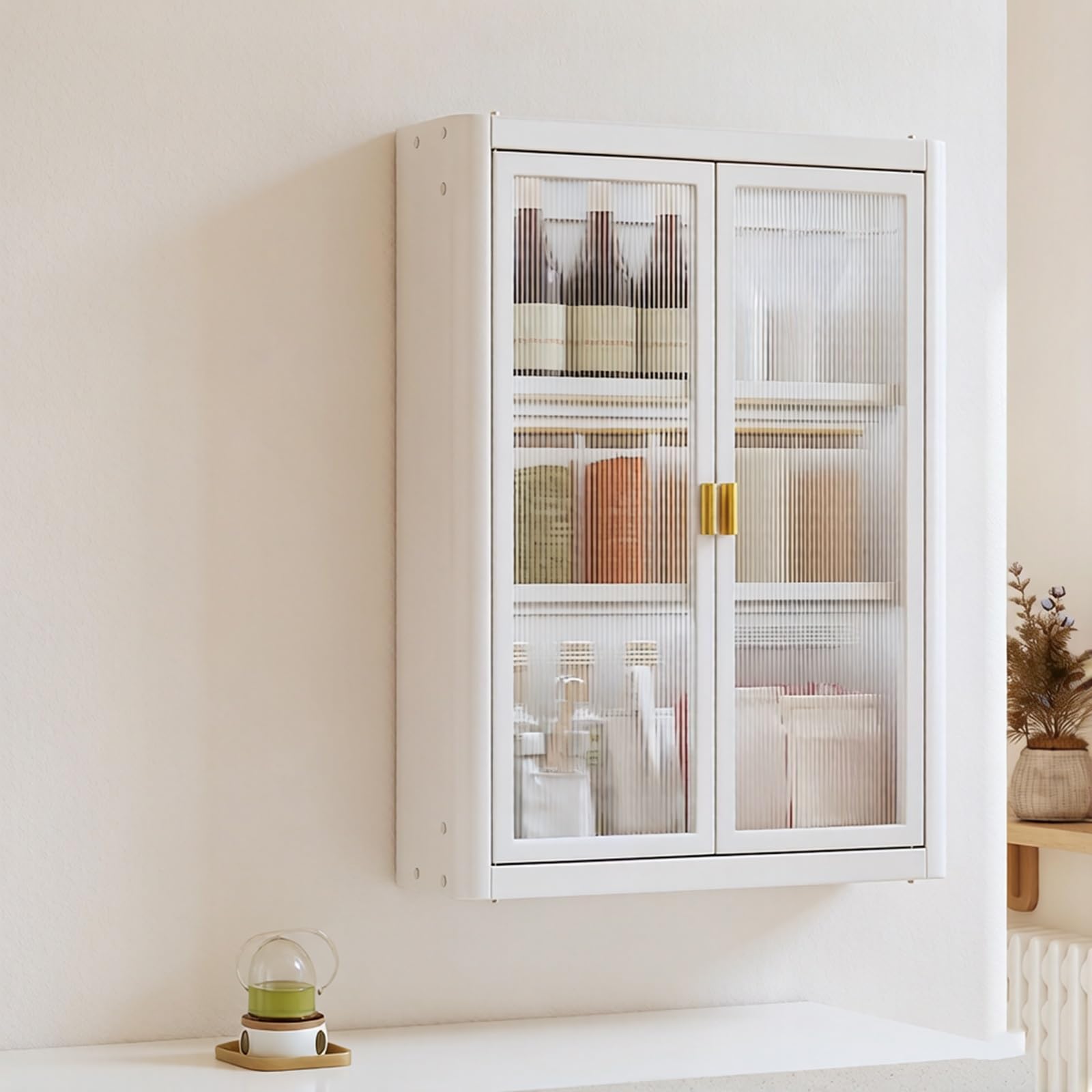 Gabinete de metal blanco con puertas de cristal y estantes ajustables para cocina