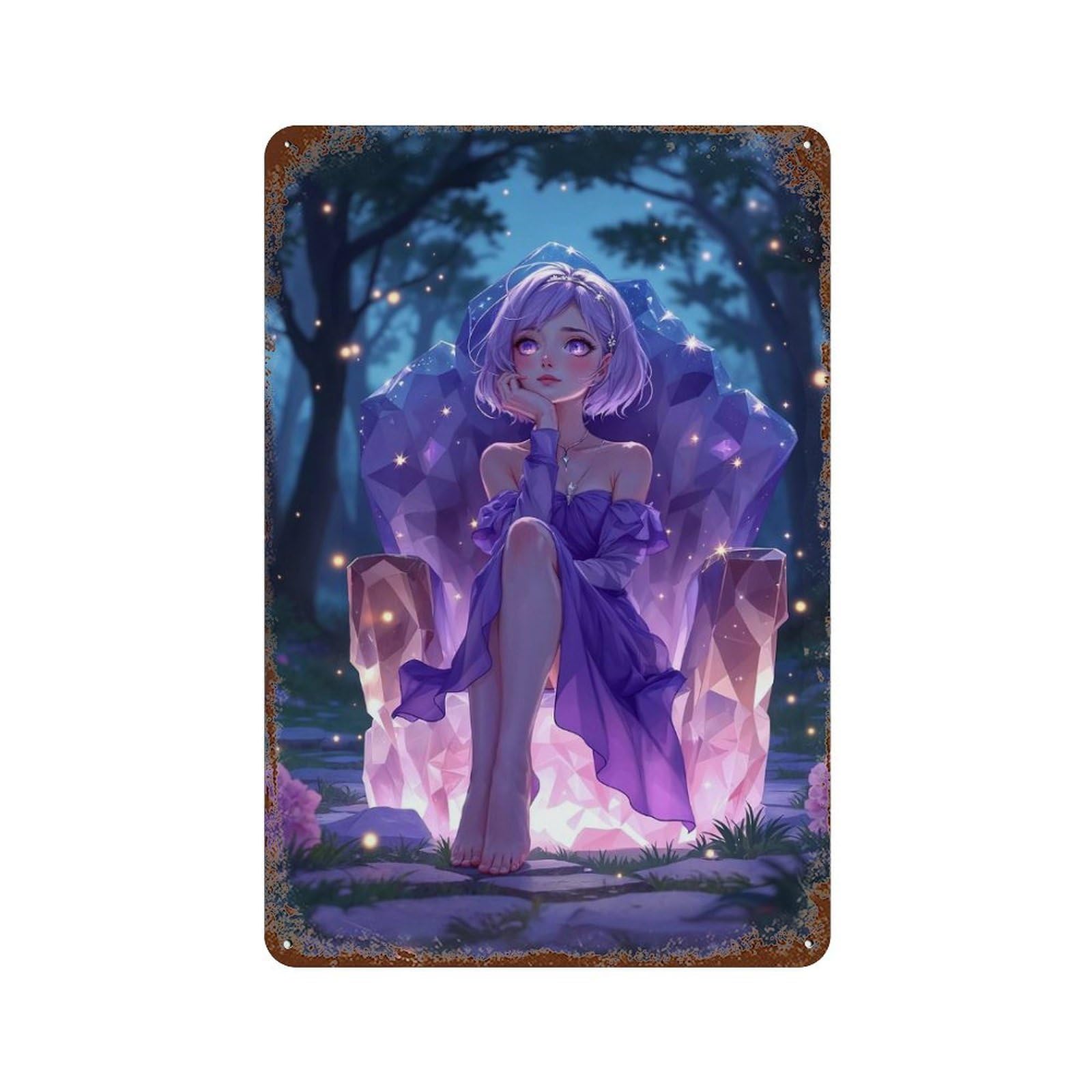 Garage Style Anime Girl Crystal Throne Rustic Tin Plaque 11.8"x7.9", Vintage Wall Decor for Bar And Workshop