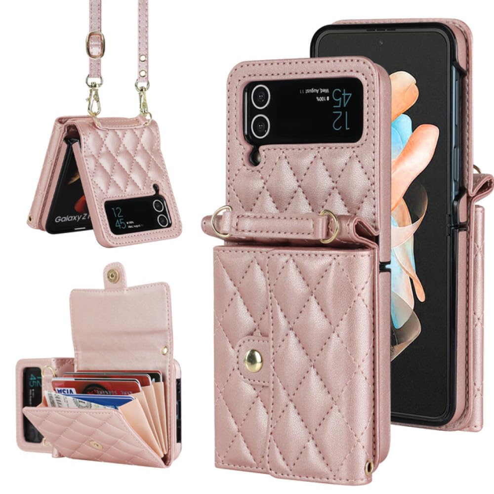 Funda de Cuero para teléfono Samsung Galaxy Z Flip 5 4 3 5G Funda con Bolsillo para Tarjeta con cordón Largo, Color E, para Z Flip 4