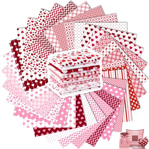 Tatuo 30 Pcs 10 x 10 Inches Valentine Cotton Fabric Bundle Squares Patchwork Pink Heart Fabric Sewing Quilting Bundles Assorted Pattern Cloth for DIY Scrapbook Craft Making