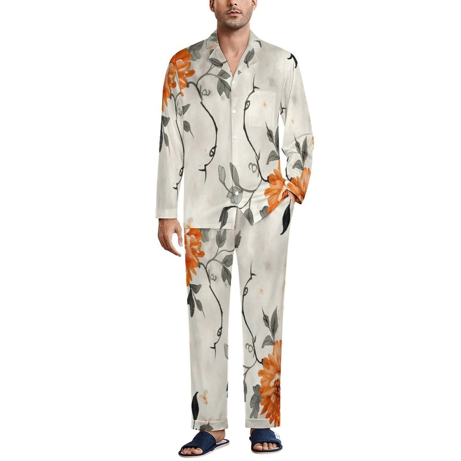 Pigiama Beige Uomo Abbottonata Cotone Pigiami Due Pezzi, Crisantemi acquerellati Maniche Lunghe Top e Pantaloni con Tasches Morbido e Confortevole Casual per la Casa
