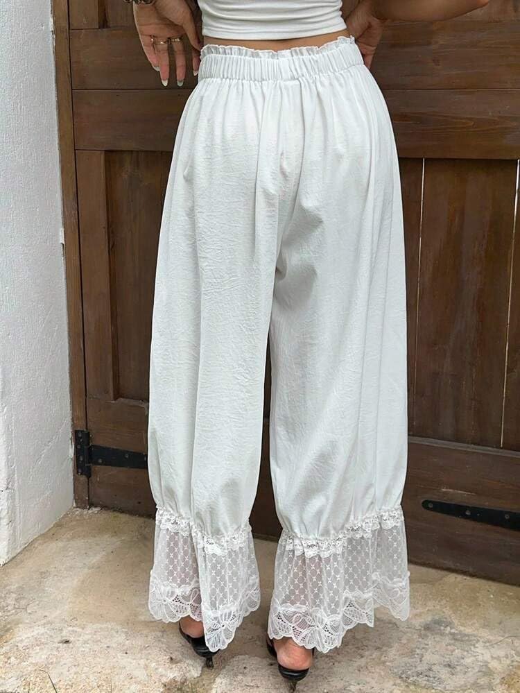 Image of UAURORAO Women Lace Trim Bloomer Pants Flowy Culottes Pantaloons Bloomers