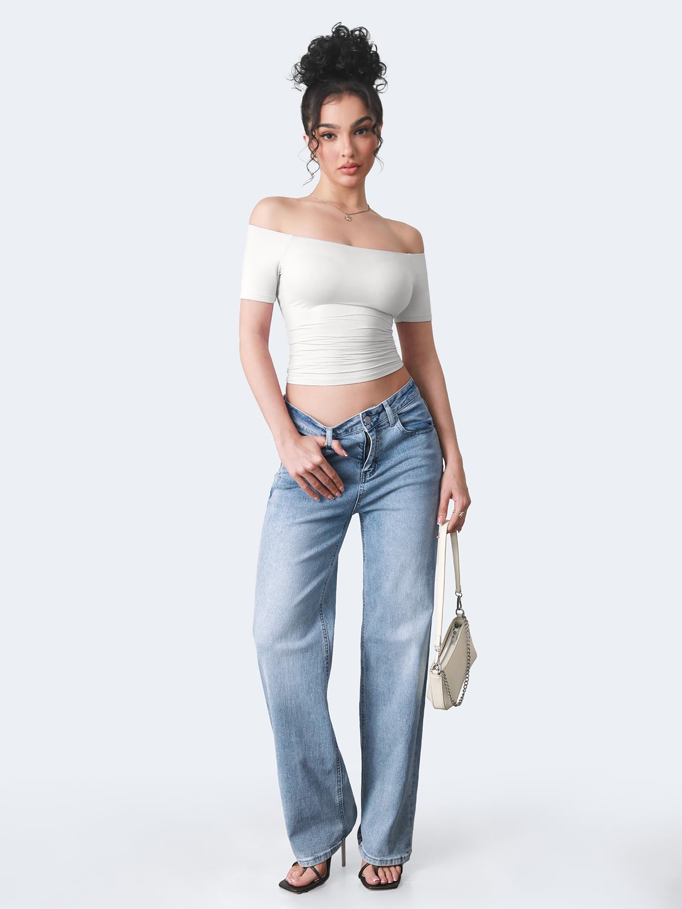 ZAAYO Maglietta da donna a maniche corte, con spalle scoperte, modello Y2K Summer Crop Top