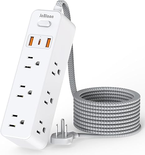 Miniatura 9 de Regleta protectora contra sobretensiones, cable de extensión de enchufe plano de 5 pies con múltiples tomas, 6 salidas con 3 puertos USB (1 USB C),