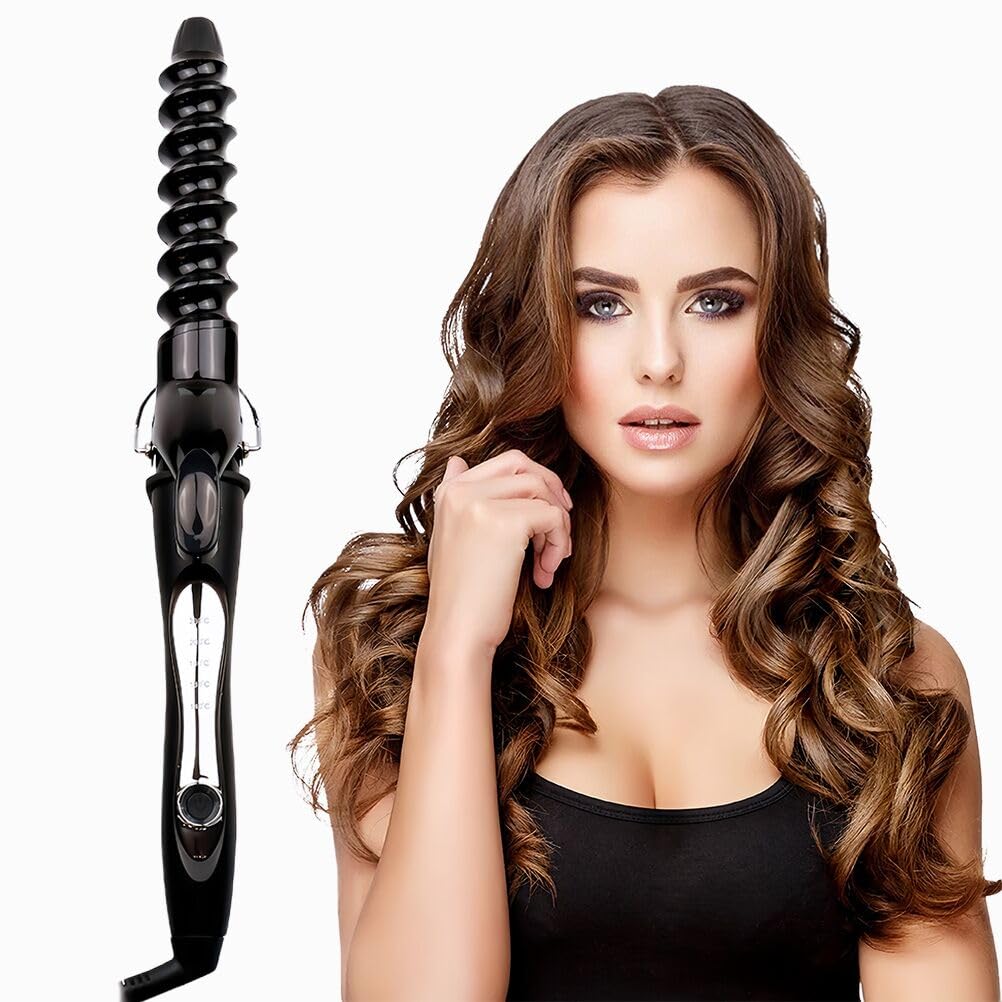 32mm Spiral Curling Iron, 1.25” Wavy Spiral Curler Curling Wand for Long Hair, 1 1/4 inch Beach Wave Curling Iron, Adjustable Temp Hair Waver Crimper Dual Voltage
