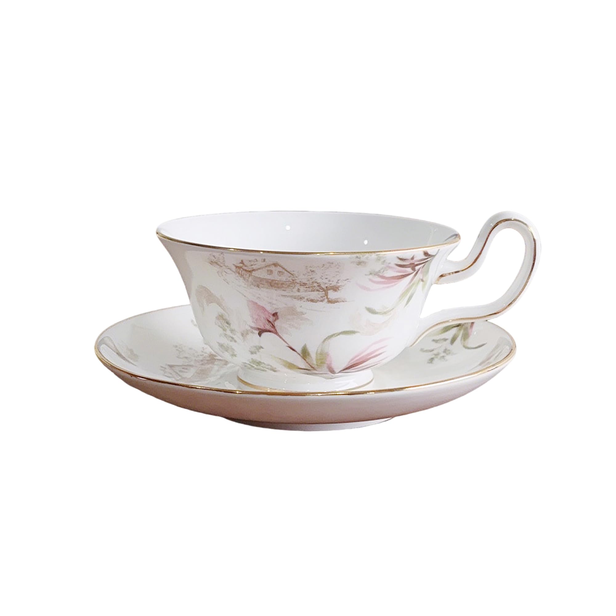 fanquare Pink Floral Tea Cup and Saucer Set of 1 Elegant British Porcelain Coffee Cups with Gold Border Gift for Mom Friend Tea Party 250ml
