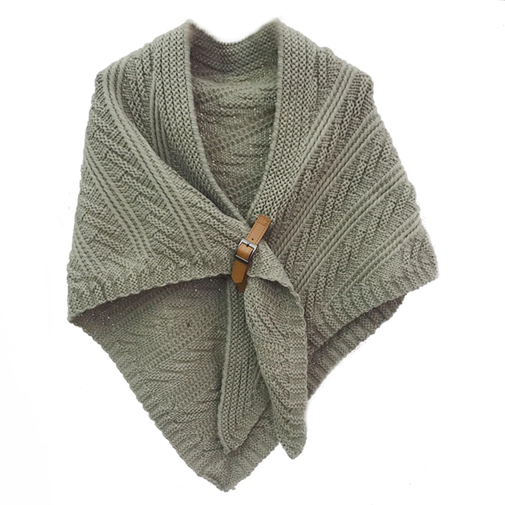 YGSIKY Triangle Shawl with Leather Buckle, Women's Warm Knitted Shawl Wrap, Knit Scarf Cape, Multifunctional Shawl for Ladies (Khaki, 1PC)