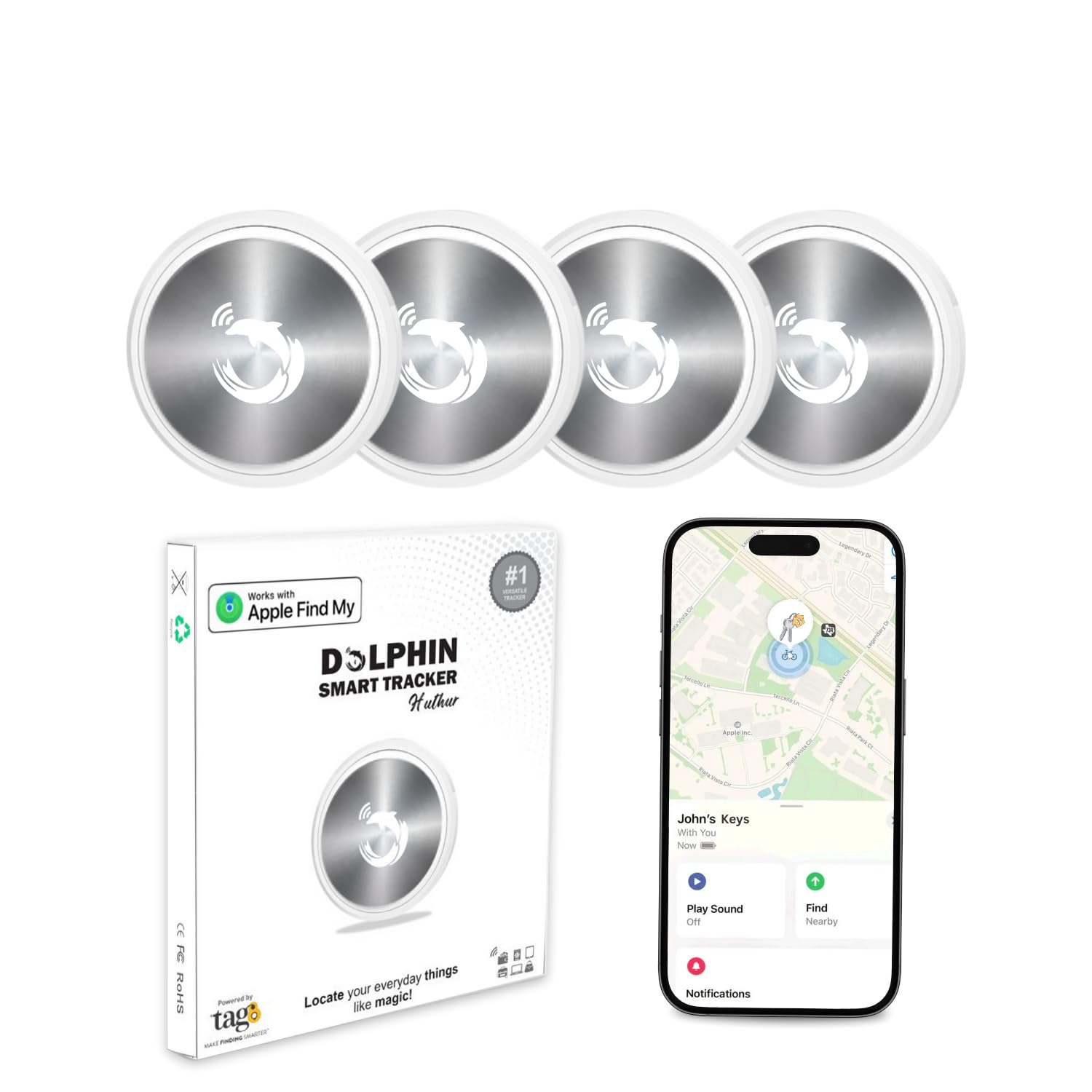 tag8 [Confezione da 4] Ricerca oggetti Funziona con Apple Find My APP (solo iOS), Bluetooth Tracker, Trova chiavi e localizzatore oggetti per bagagli, zaini, valigie