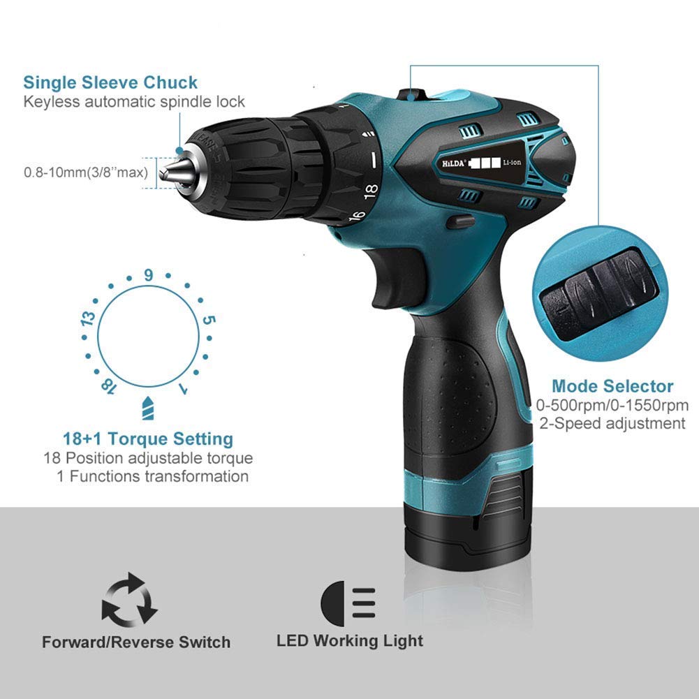 Trapano Trapano Elettrico da 16,8 V Martello e Magnete integrati, 32 NM, Caricatore rapido, mandrino da 3/8 Pollici, 2 velocità variabili, 18 + 1 impostazione della Coppia