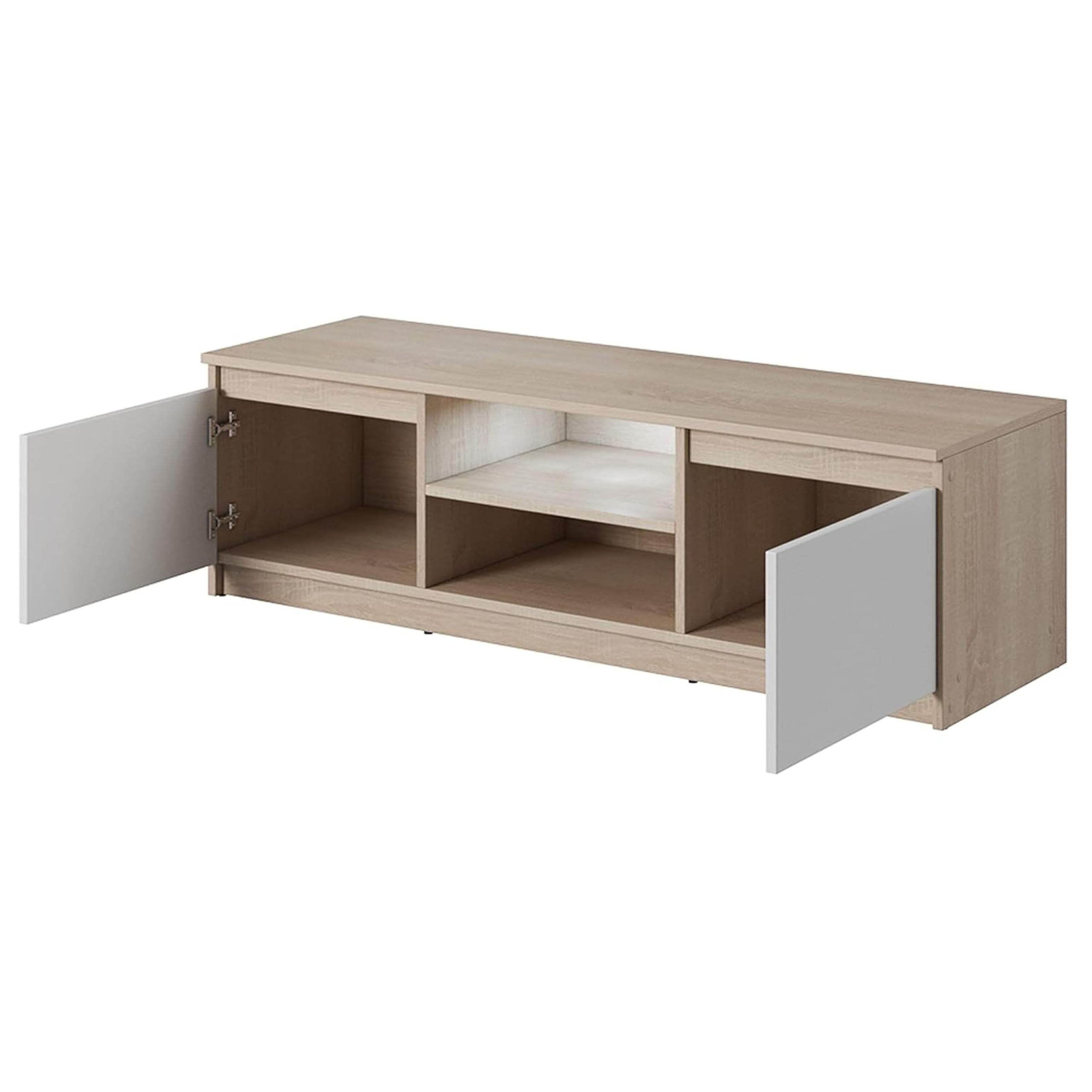 MINIO go for it - Meuble TV Dingo 120cm Lowboard pour téléviseur | Meuble TV bas avec 2 portes battantes et 2 compartiments ouverts, meubles TV en chêne Sonoma et blanc - Meuble bas avec LED