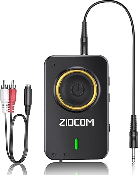 ZIOCOM 2-in-1 Wireless Bluetooth Transmitter/Receiver, 3.5mm Aux Adapter with Built-in Mic and Battery, Dual Link, aptX Low Latency Black