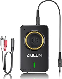 ZIOCOM Bluetooth 5.0 Transmitter Receiver for TV PC, 2-in-1 Wireless Audio Adapter with Built-in Mic and Battery, Dual Link, aptX Low Latency, 3.5mm Aux Jack for Home Stereo/Speaker/Car/MP3