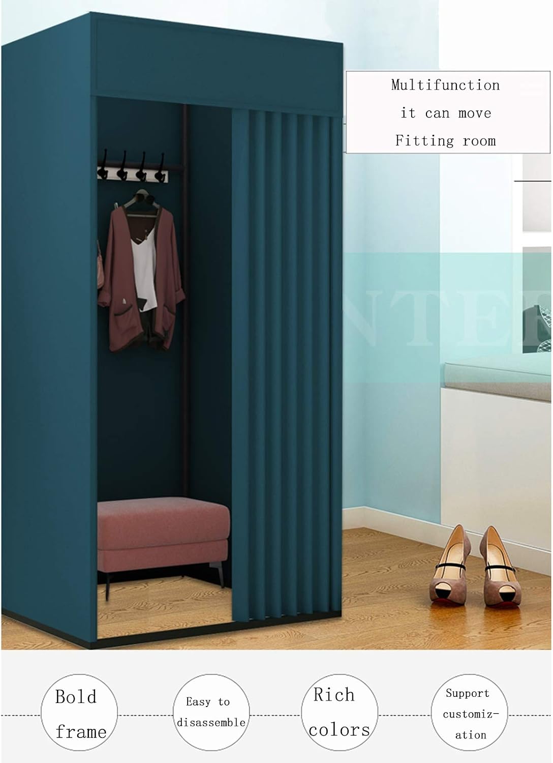 XXIOJUN Removable Locker Room, Simple Changing Room Privacy Partition Tent Screen Floor Display Stand with Metal Frame Shelf,Blackout Curtains for Clothing Store, Office