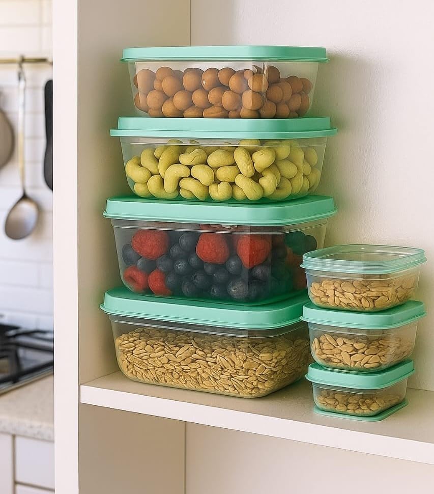 Image of CSM 5+5 Rectangular Plastic Food Storage Container with Air Tight Lid Kitchen Container Meat Box Fridge and Freezer Storage Boxes Bowl - 100ml, 150ml, 290ml, 580ml, 1000ml, 10 Pcs, Clear