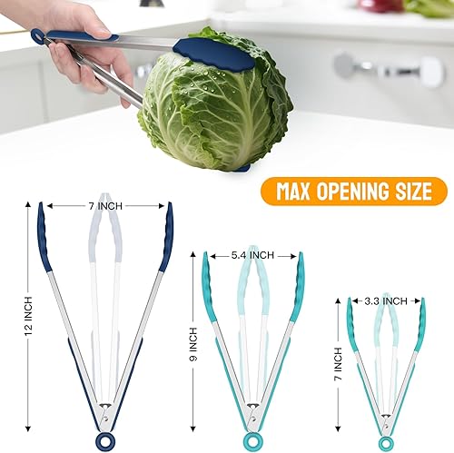 Miniatura 8 de HOTEC Pinzas de cocina de acero inoxidable de alta calidad con puntas de silicona, juego de 3-7, 9 y 12 pulgadas (azul degradado)