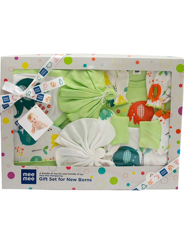Mee Mee's Pampering Gift Set for New Borns (9 pcs - Print II, Green)