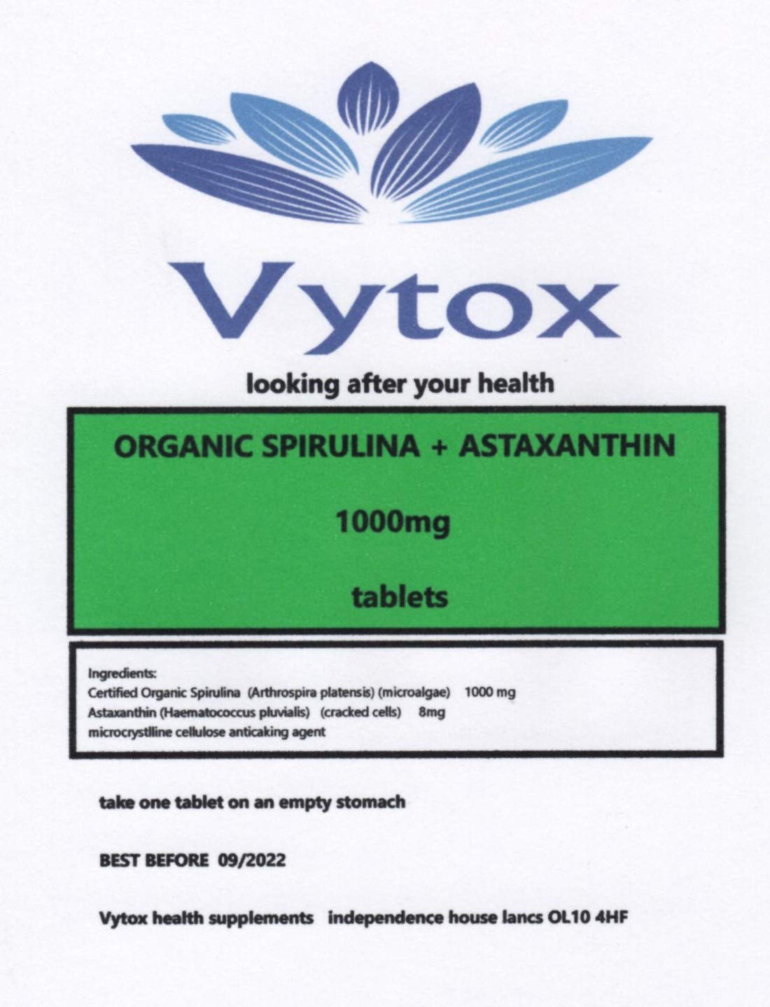 Organic Spirulina & Astaxanthin (1000mg) 60 Tablets, 2 Months Supply, by vytox, Vegetarian