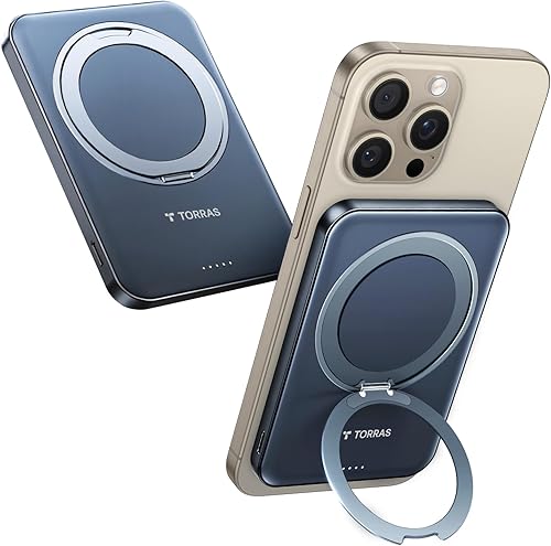 TORRAS Cargador portátil inalámbrico con soporte giratorio de 360, batería Magsafe de 5000 mAh, banco de energía magnético USB-C de 15 W para iPhone
