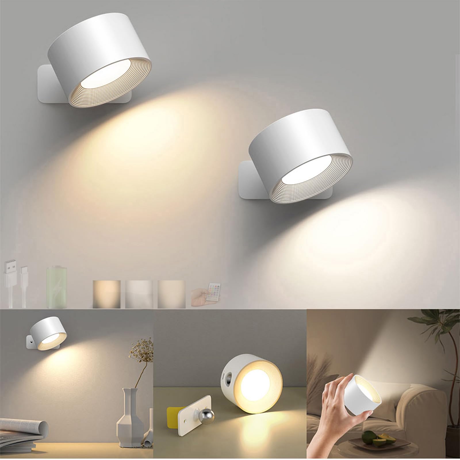 Lampara de pared USB giratoria 360 con control tactil blanco 8