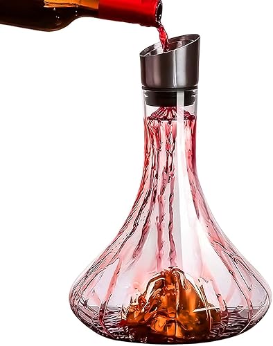 Decantador de vino, jarra de vino tinto, decantador con aireador integrado, 100% vidrio de cristal soplado a mano sin plomo con tapa de vertedor de