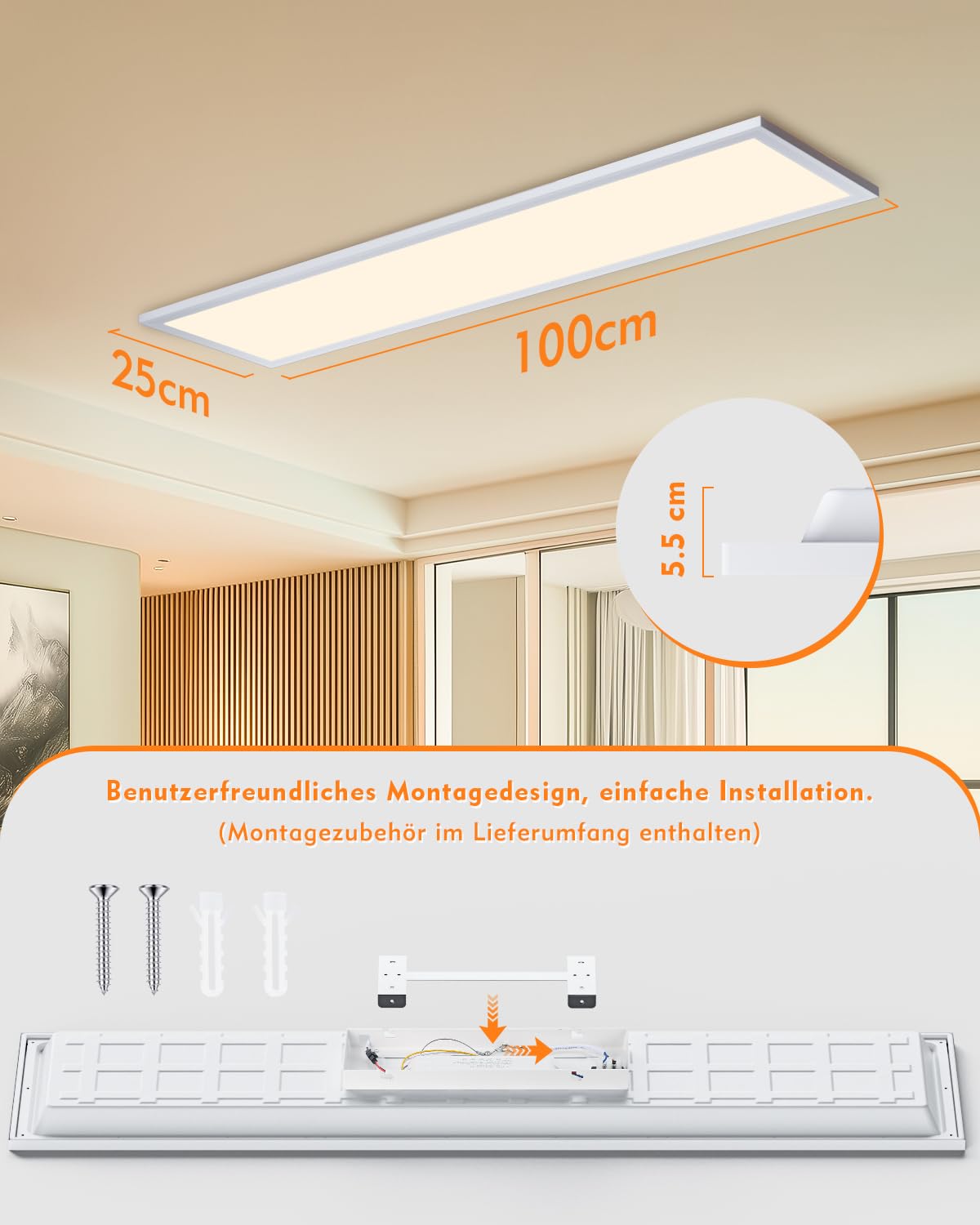 GIACOMO LED Deckenleuchte Dimmbar, 100x25CM LED Panel Flach, Deckenlampe mit Fernbedienung 36W 3600LM 3000-6500K mit Nachtlicht 1800K 8W für Schlafzimmer Wohnzimmer Küche