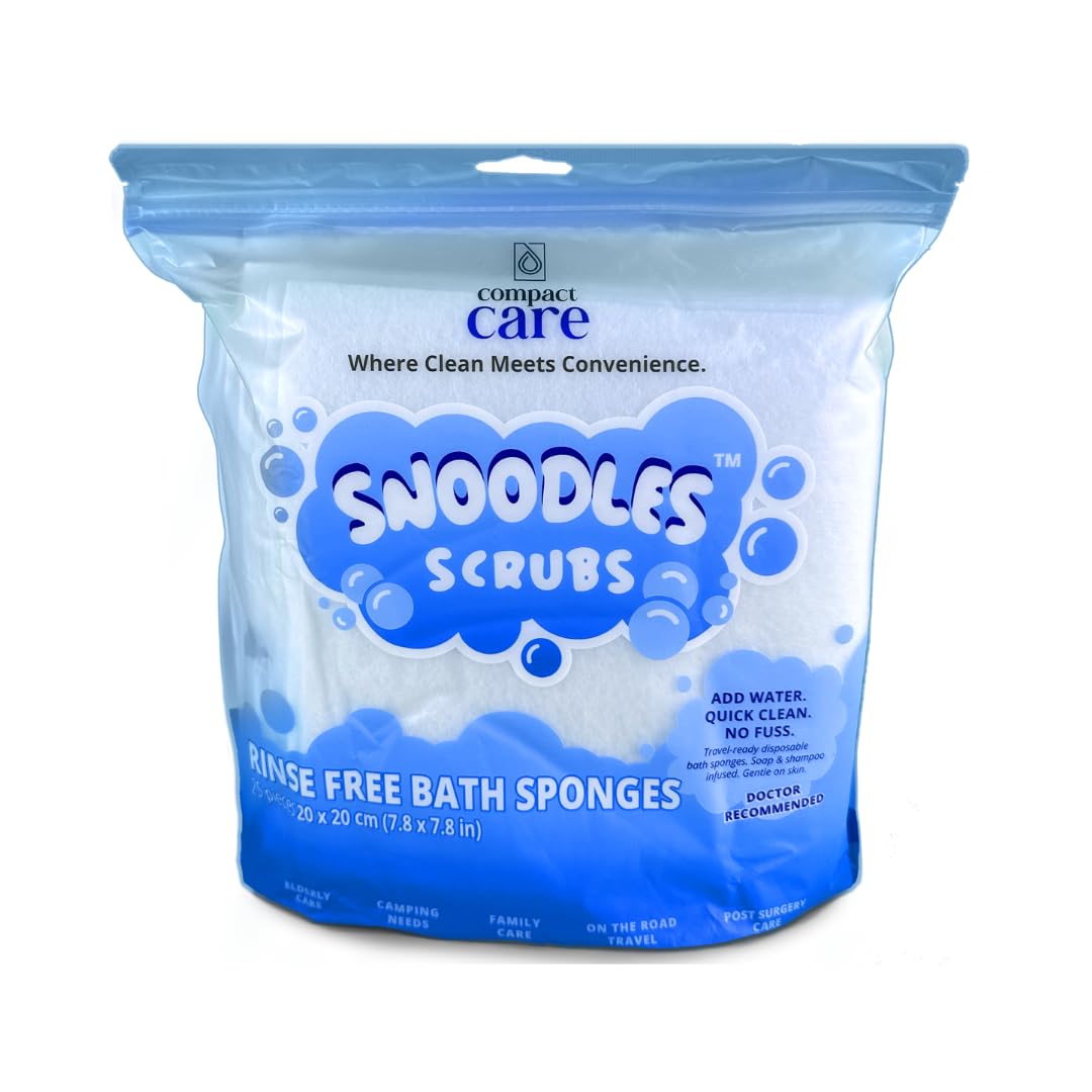 Snoodles Scrubs - Esponjas de baño sin enjuague, limpieza rápida con solo agua, alternativa a las toallitas corporales sin enjuague para camping, cuidados, viajes, uso de campo, hospitales, ancianos y