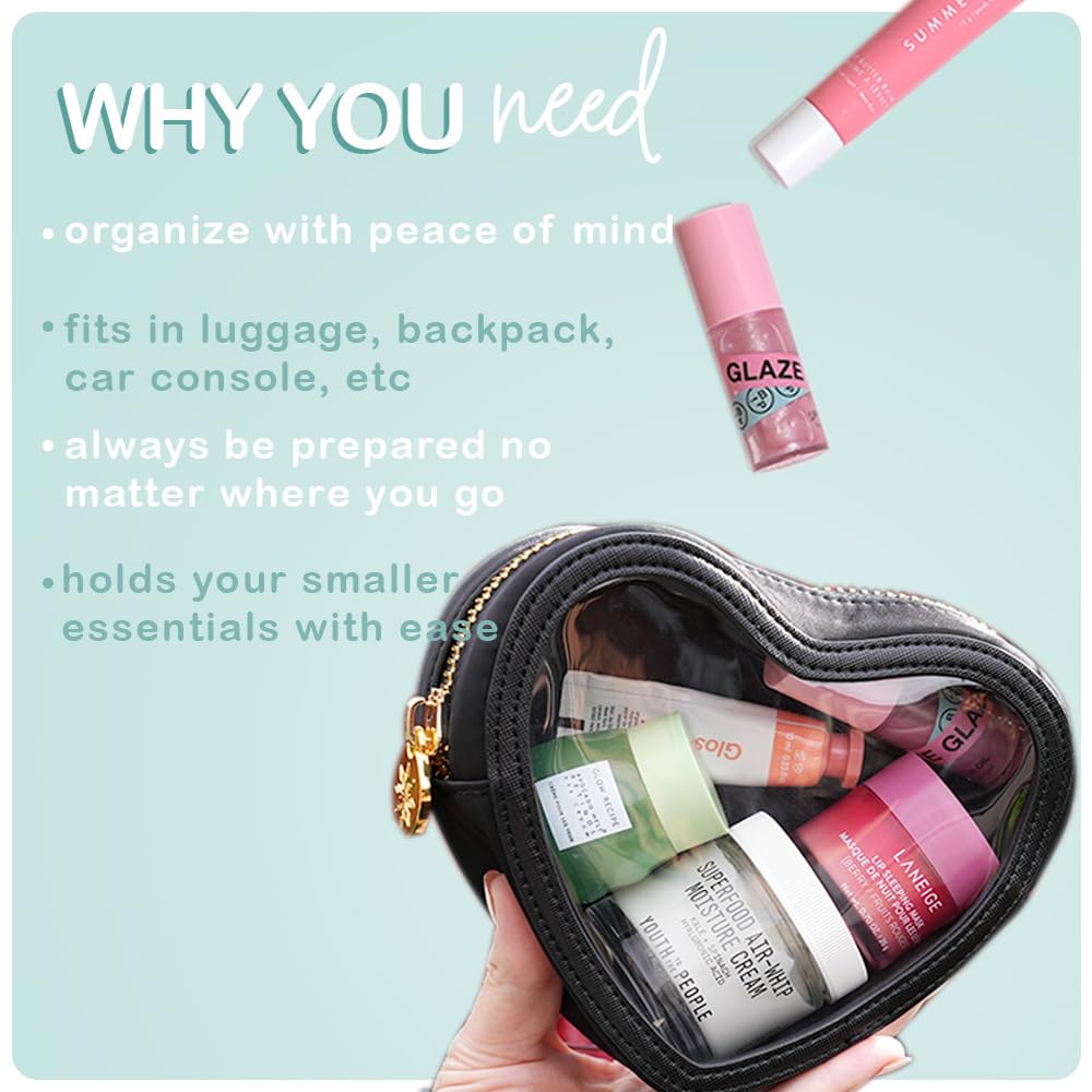 dreamie - Heart Pouch, Clear Front, Travel Bag, Cute Heart Makeup Bag, Cosmetics, Electronics, Essentials, Car, Organizer, Easy to Clean, Smooth Gold Zipper, Portable, Luxury Nylon - Midnight Heart