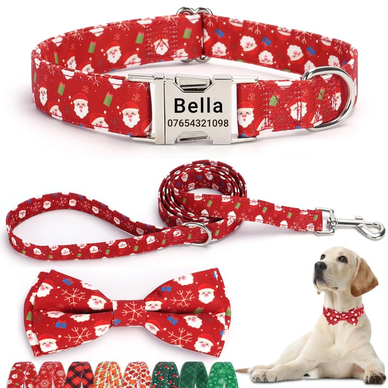 SEOUGEE Christmas Dog Collar Personalised with Bowtie & Lead Set, Adjustable Cotton Dog Collars and Leash with Engraved Metal Buckle for Small Dogs (Red Santa Set, S:Neck 30-40cm) — image 1