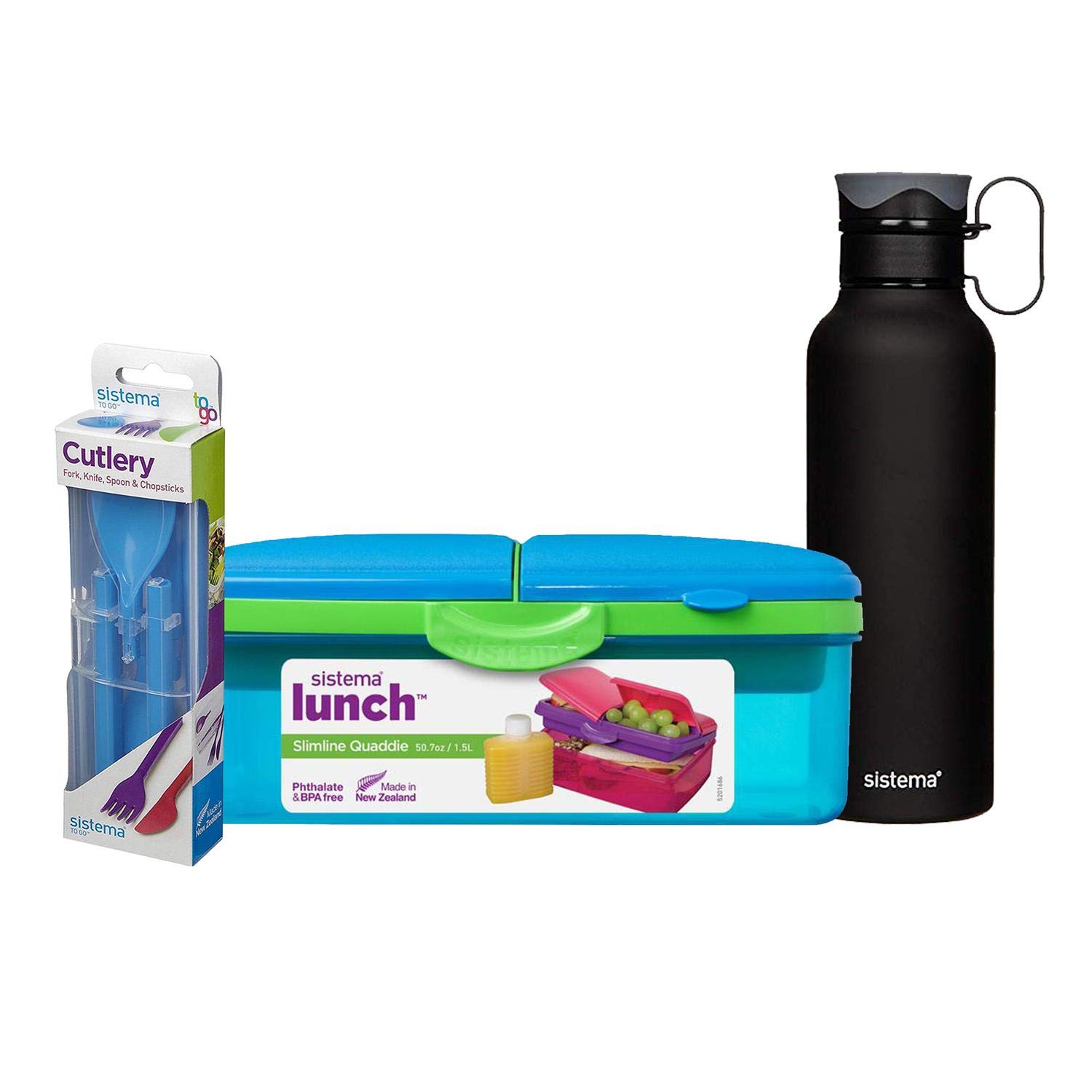 1.5L 1.5 Litre 50.7oz Blue Slimline Quaddie Lunchbox, Cutlery Set & 600ml Stainless Steel Insulated Drinks Bottle - Phthalate & BPA Free.
