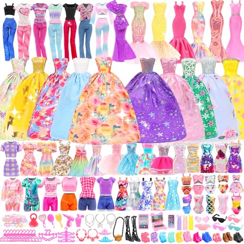BARWA 116 Pack Doll Clothes and Accessories 5 Wedding Gown Dresses 9 Fashion Dresses Slip Dress 3 Tops 3 Pants 2 Swimsuits Bikini 16 Shoes 15 Hangers and 63 Accessories for 11.5 inch Doll