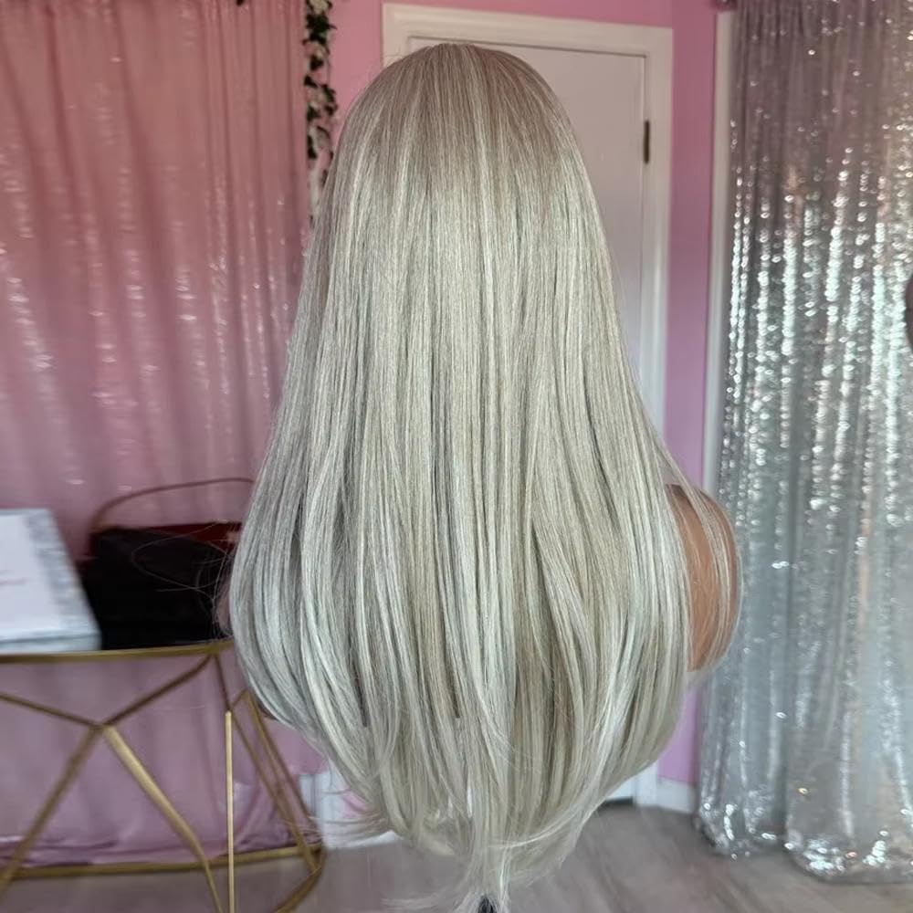 Haarpflege Cremige Aschblonde Balayage-Perücke HD Unsichtbare Spitzenfrontfaser Gerade Damenperücken 13 X 4 Klebefrei Leicht Zu Tragen