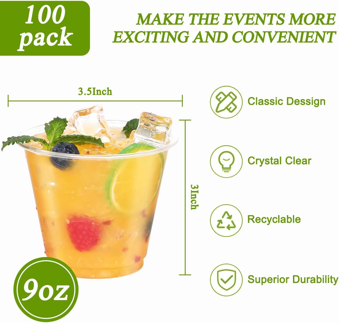 9 oz Clear Plastic Cups, 100 Pack Disposable Crystal Punch Cups for Party,Sturdy Recyclable PET Clear Cocktail Tumblers Wine Cup for Wedding,Birthday,Christmas - Image 3