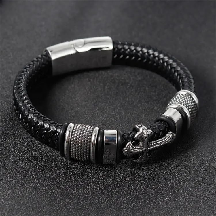 Image of THE MEN THING Leather Bracelet for Men - American Style Genuine Leather Multi-Layer Braided Bracelet with 100% Stainless Steel Magnetic Buckle for Men & Boys (8 inch)