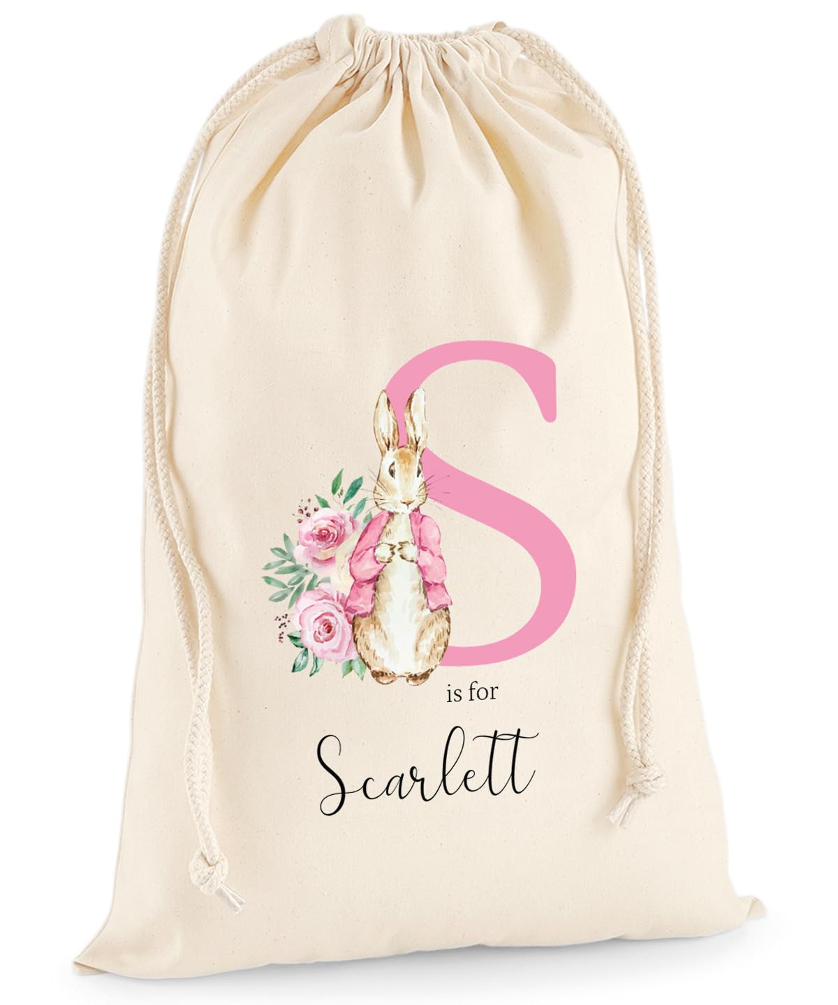 Personalised Gift Bag - Custom Name Pink Initial Bunny Beatrix Rabbit Drawstring Sack - Personalise Name Kids Children's Cotton Canvas Easter Birthday Christening Present Treat - Canvas XL 49.5 x 75cm