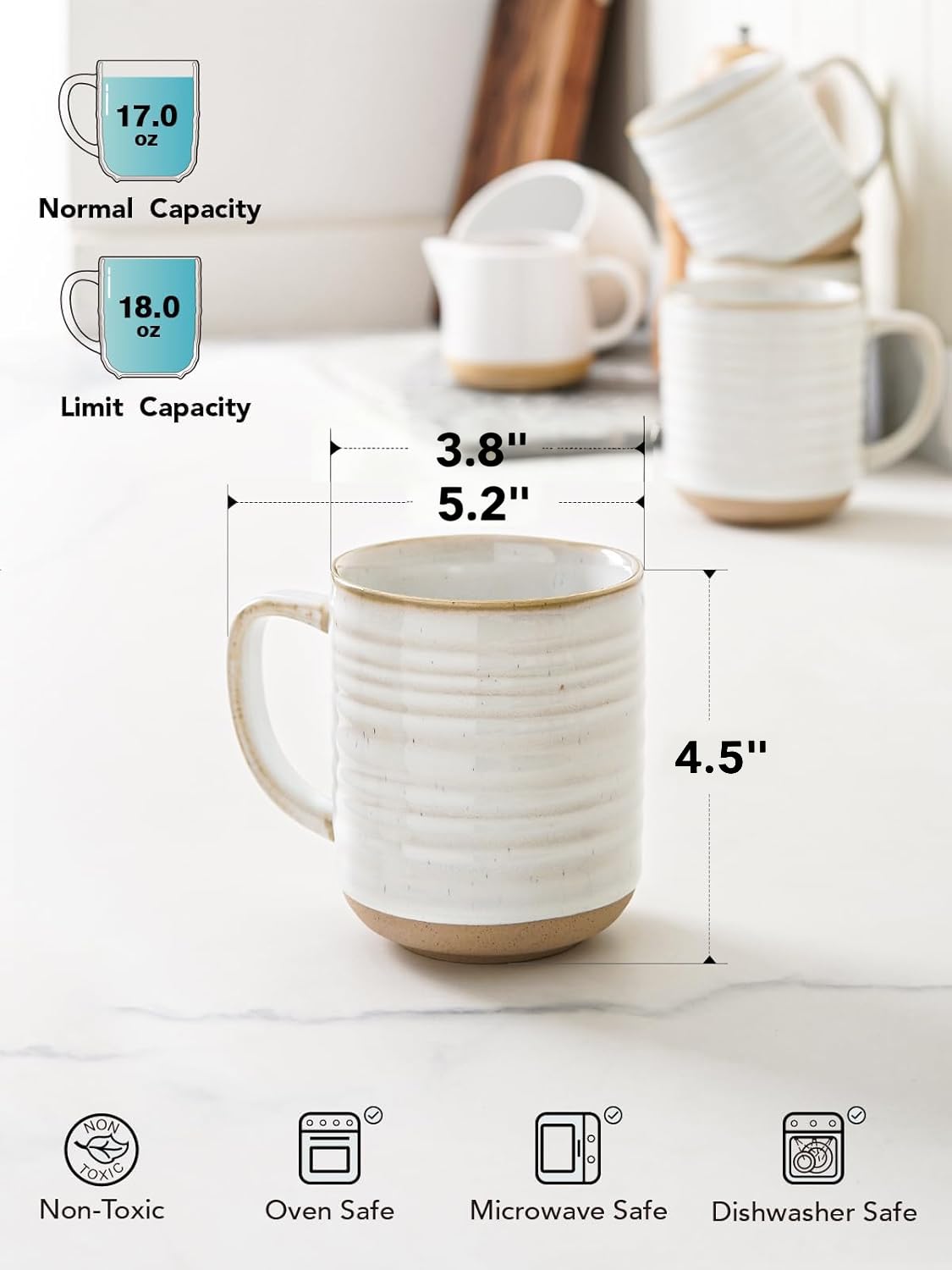 LE TAUCI Lot de 4 tasses à café en céramique de 532 ml pour latte, thé chaud, cappuccino, moka, cacao, lave-vaisselle, pour pendaison de crémaillère, mariage - Blanc arctique