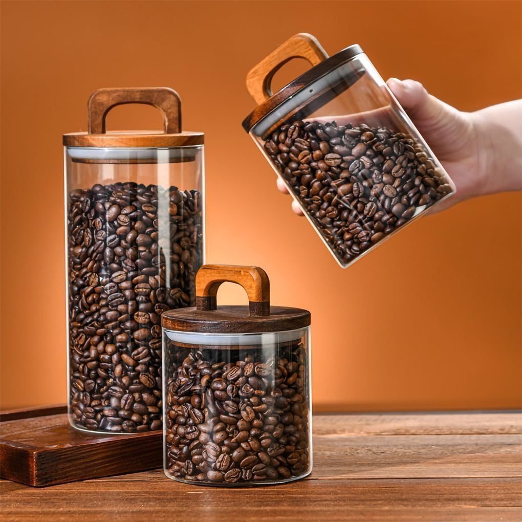 Zuckerdose, Glasgefäß mit luftdichtem Holzdeckel, Lebensmittelaufbewahrung, Küchenbehälter for Tee, Kaffee, Kräuter, Zucker, Gewürze, Nüsse(41 OZ)