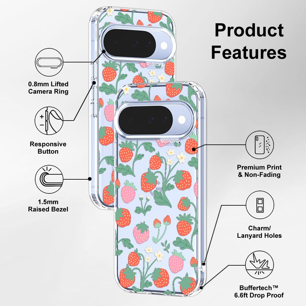 MOSNOVO Case for Google Pixel 10 & Pixel 10 Pro, [Buffertech 6.6ft Military-Grade Drop Protection] [Anti Peel Off Tech] Clear TPU Bumper Phone Case Cover Design - Cute Cherry — view 115
