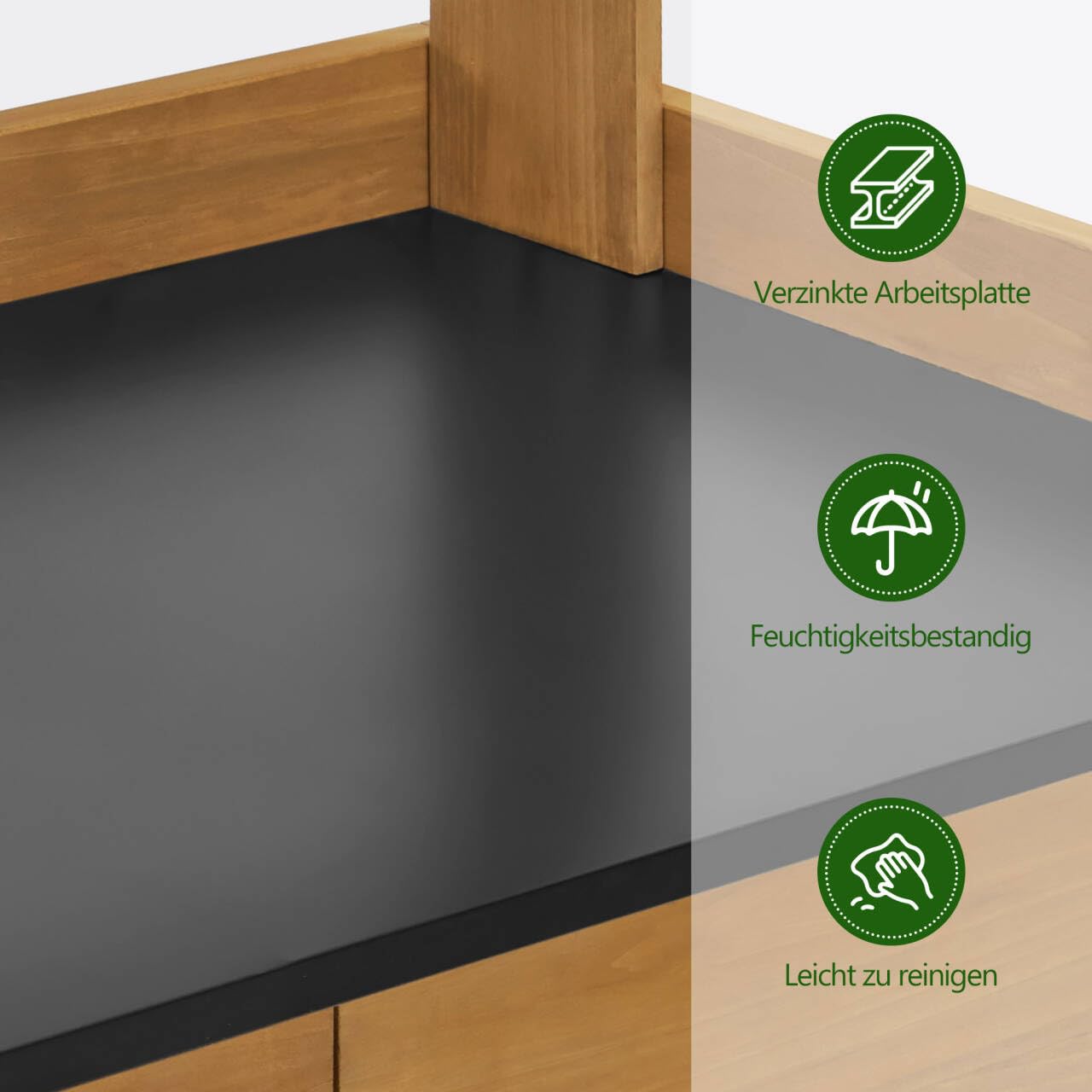 M MCombo Pflanztisch mit Schublade, Ablage, Verzinkter Arbeitsplatte & Schrank, Gärtnertisch Wetterfest mit 3 Haken, Blumentisch Massivholz für Garten, Balkon & Terrasse, 2049 (Natur)