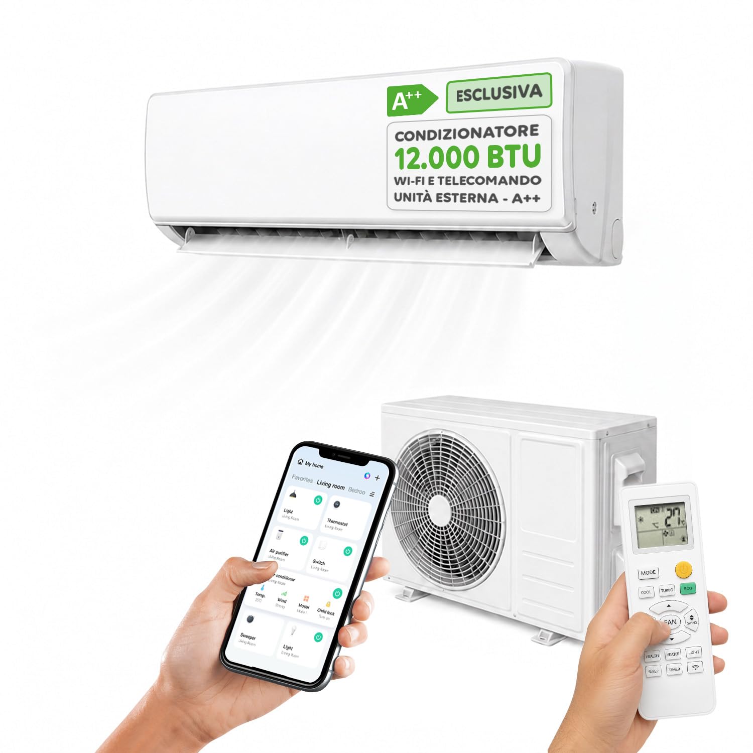 Wintem – Condizionatore 12000 BTU Inverter R32, Wi-Fi, A++/A+, Compressore GREE | Climatizzatore 12000 BTU Fisso, Pompa di Calore, 65 dB(A), Turbo, Sleep, Display LED