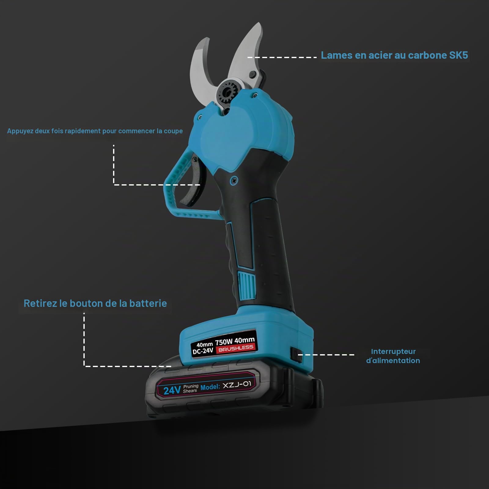 Sécateur électrique sans fil Nexalite 40 mm, 2x3000 mAh, lame SK5, sécurité | Coupe 40 mm; 2 batteries 3000 mAh; lame SK5 antirouille; double verrouillage; 1 kg, une main; verger/vigne/haies