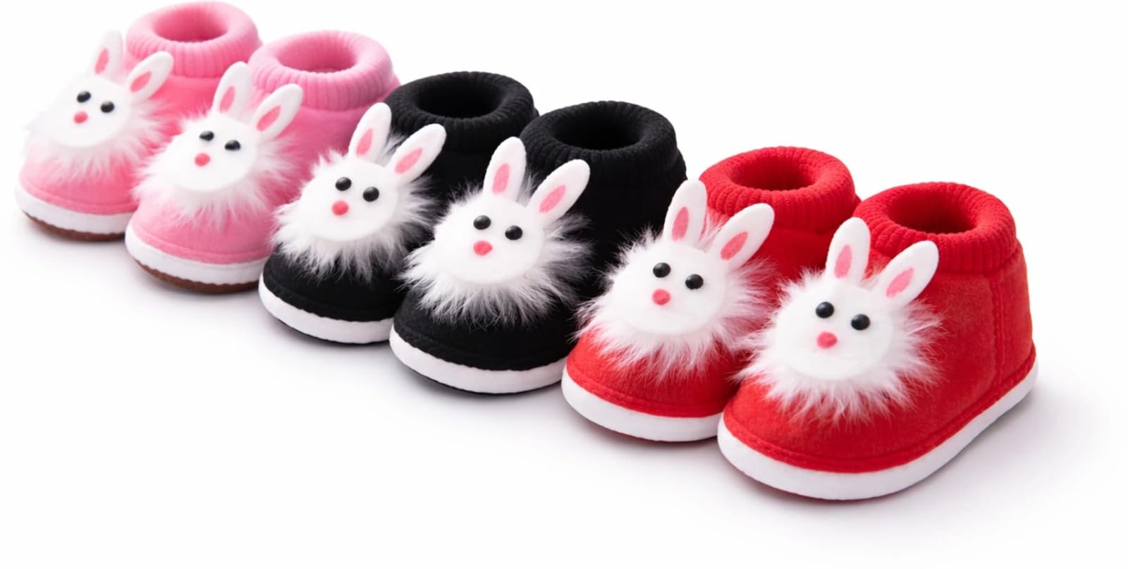 Baby Booties with Bunny Design, Soft Plush, Knit Ankle, Pink, Black and Red, Cute Animal Theme-image-1