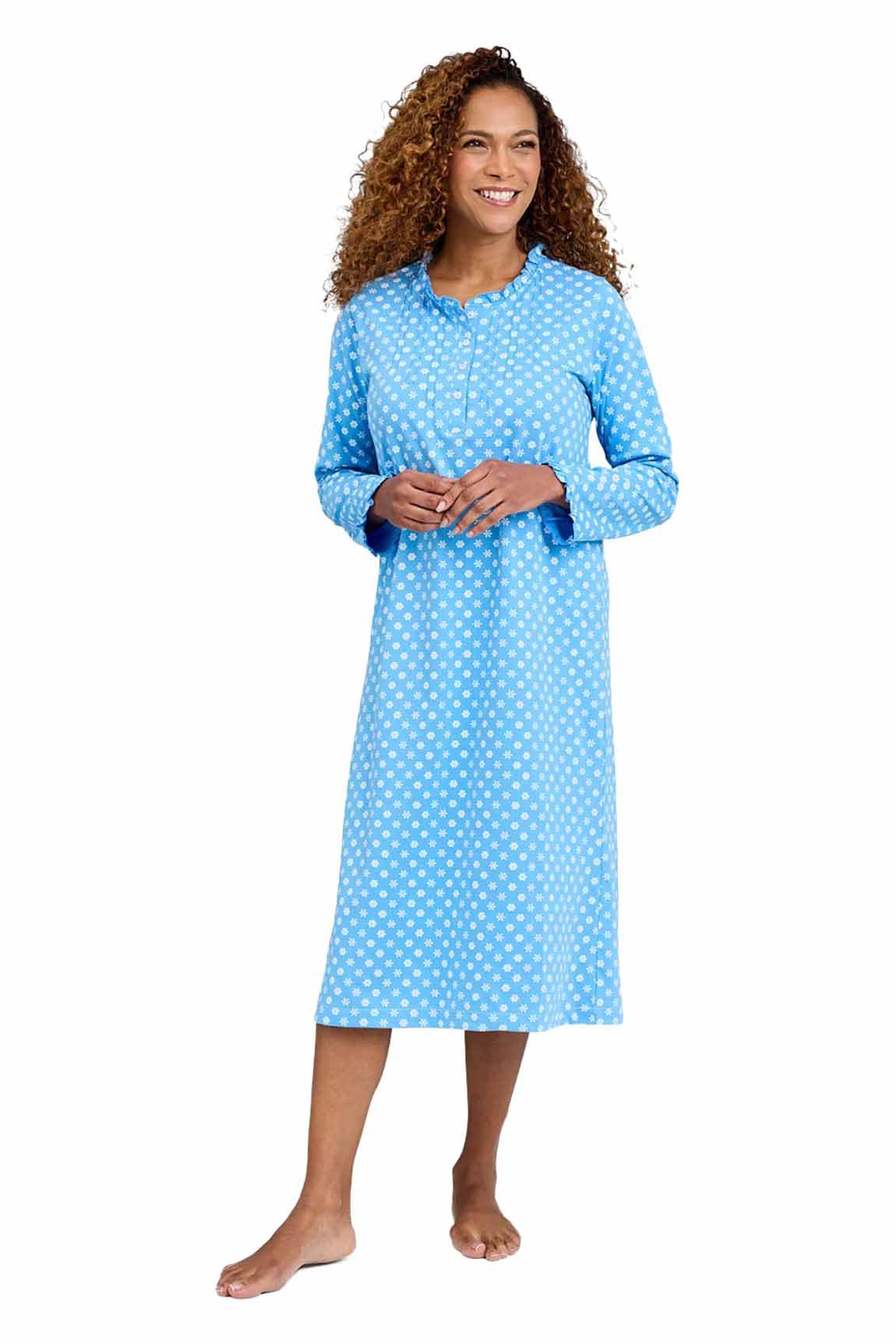 Amber Ladies Print Frill Neck Nightdress Long Sleeve Button Front Cotton Nightie with Pintuck and Frill Details Floral Print Sleepwear Blue 16-18