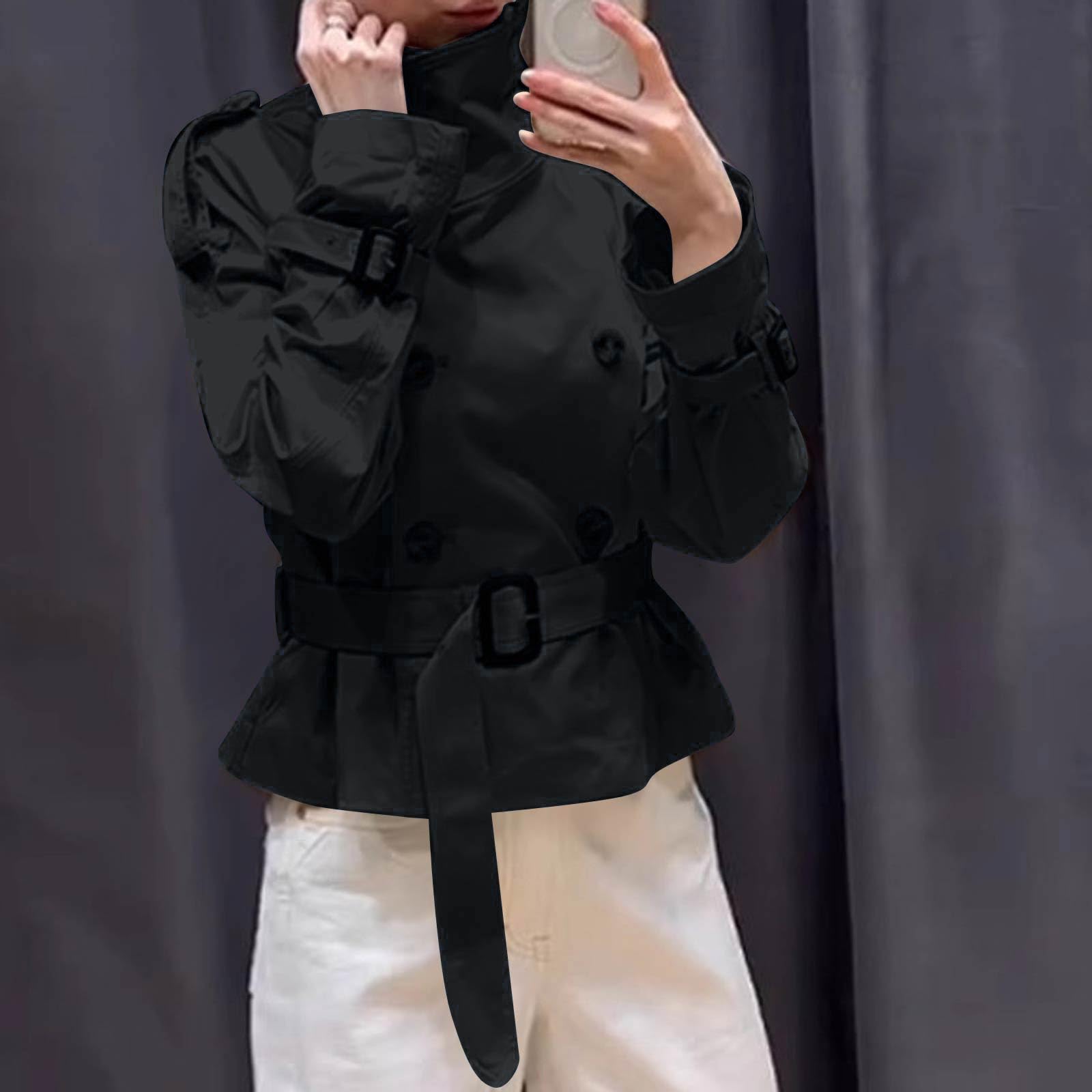 FUPODD Kurzmantel Damen Winter Leicht Trenchcoat Damen Kurz Übergang Mantel Zweireihig Mit Gürtel Trench Coat Stehkragen Windjacke Elegant Übergangsjacke Einfarbig Herbstjacke Casual Jacke Knöpfen