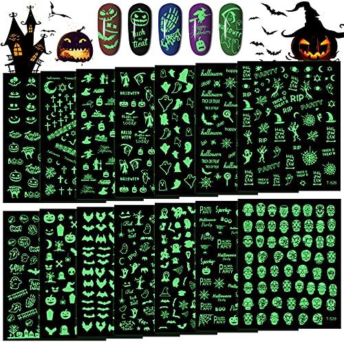 14 Blatt Halloween Leuchtend Nagelkunst-Aufkleber,TOROKOM Glow in Dark 3D Selbstklebende Halloween Kürbis Spinne Schädel…