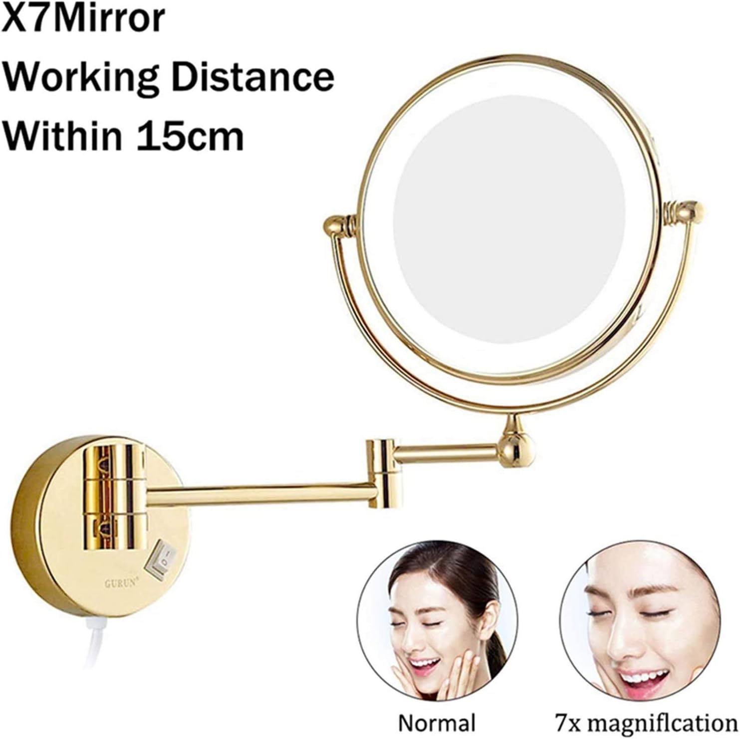 LEDライト付き両面拡大ミラー、バスルーム拡張可能壁掛けバニティシェービングミラー、スイッチプラグ付き