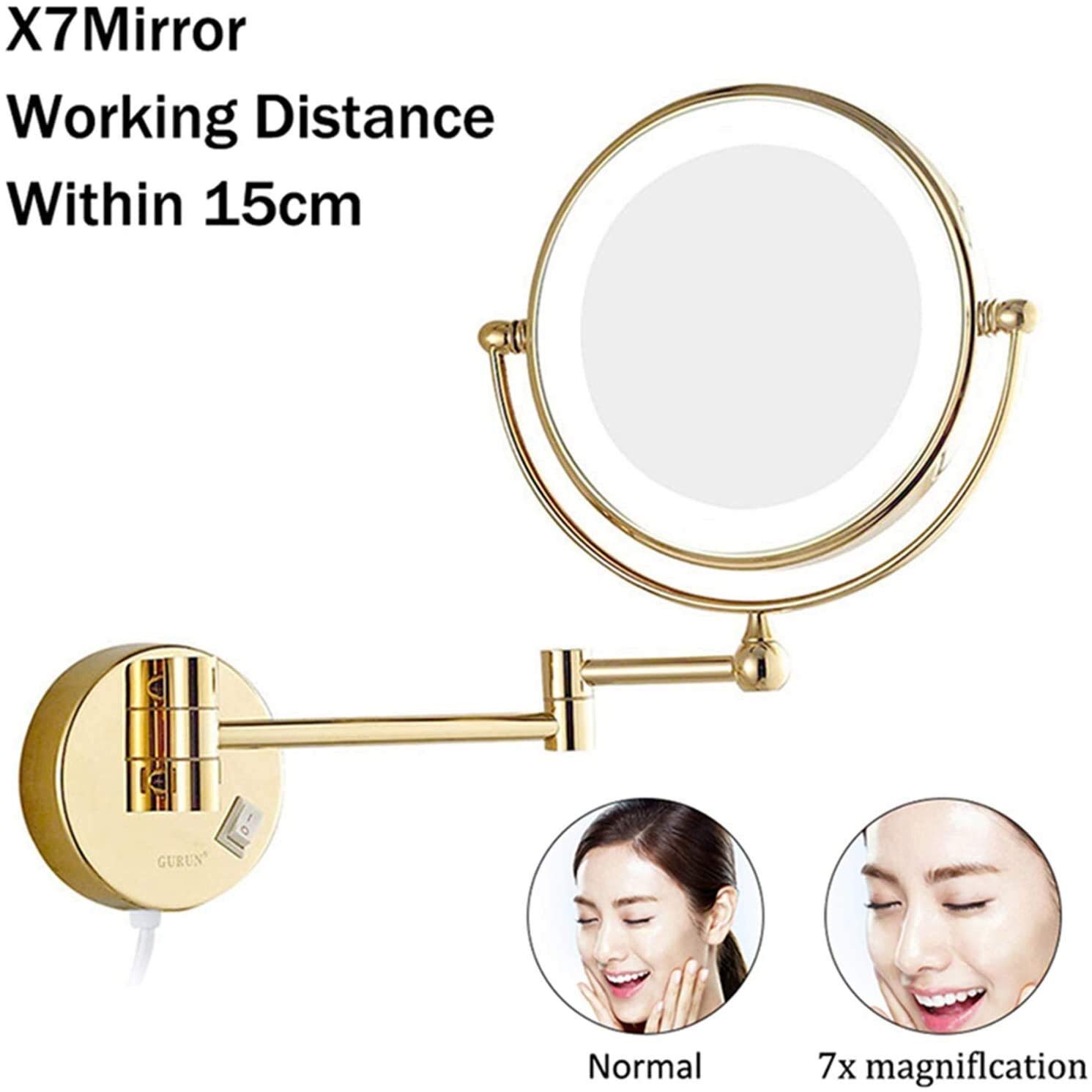 SHAUNI Espejo de Aumento de Doble Cara con luz LED, Espejo de Afeitar Extensible montado en la Pared for baño con Enchufe de Interruptor