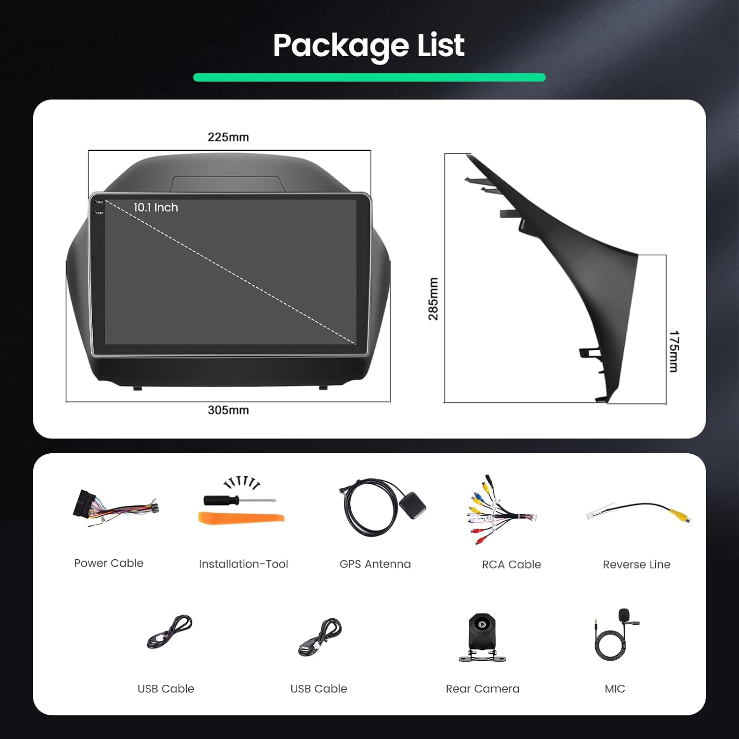 Package contents of the Roinvou car stereo, including the main unit, various cables, GPS antenna, rear camera, microphone, and installation tools.