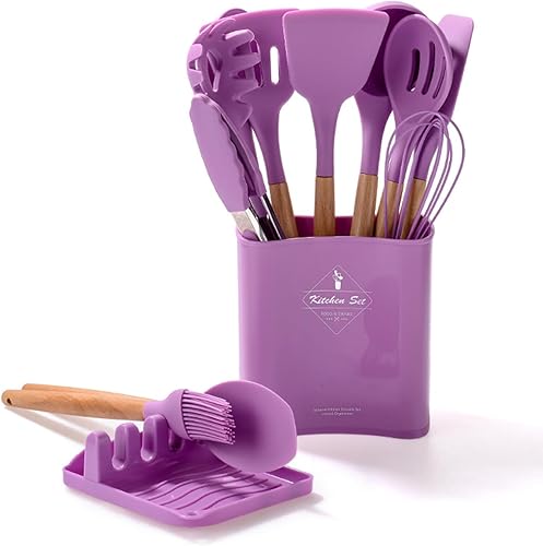 Miniatura 7 de Juego de utensilios de cocina de silicona morada, 13 herramientas de cocina con mango de madera, descanso para utensilios y tapa de olla, espátula
